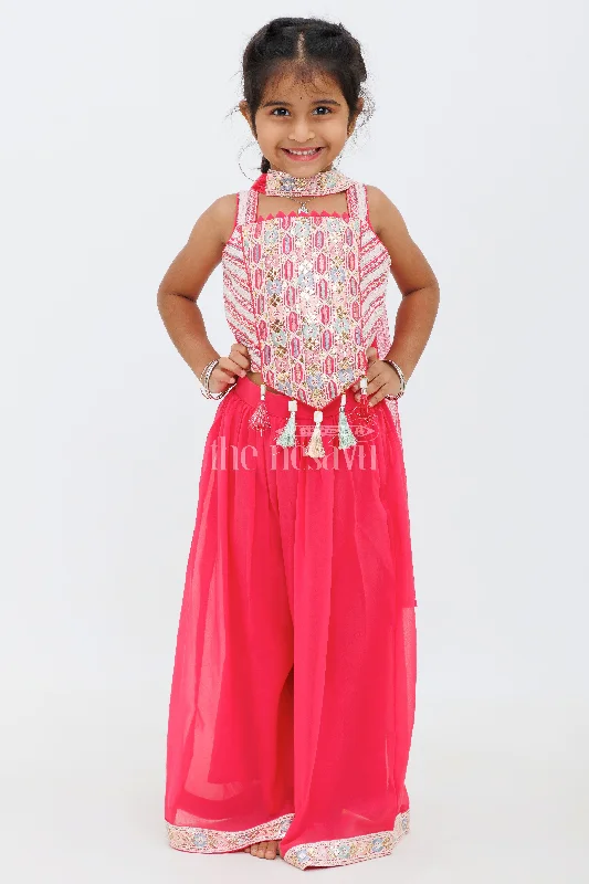 Girls Red Sharara Set with Sleeveless Crop Top and Embroidered Detailing Wool Fabric Cashmere Fabric Tweed Fabric Girls Red Sharara Set with Sleeveless Crop Top and Embroidered Detailing Wool Fabric Cashmere Fabric Tweed Fabric