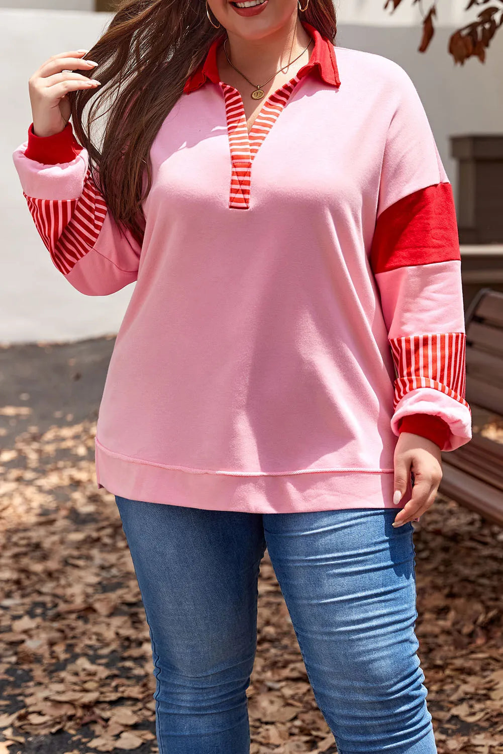 Hazel Blues® | Color Block Johnny Collar Long Sleeve Sweatshirt Hoodie with Hem Detail Decorative Unique Hazel Blues® | Color Block Johnny Collar Long Sleeve Sweatshirt Hoodie with Hem Detail Decorative Unique