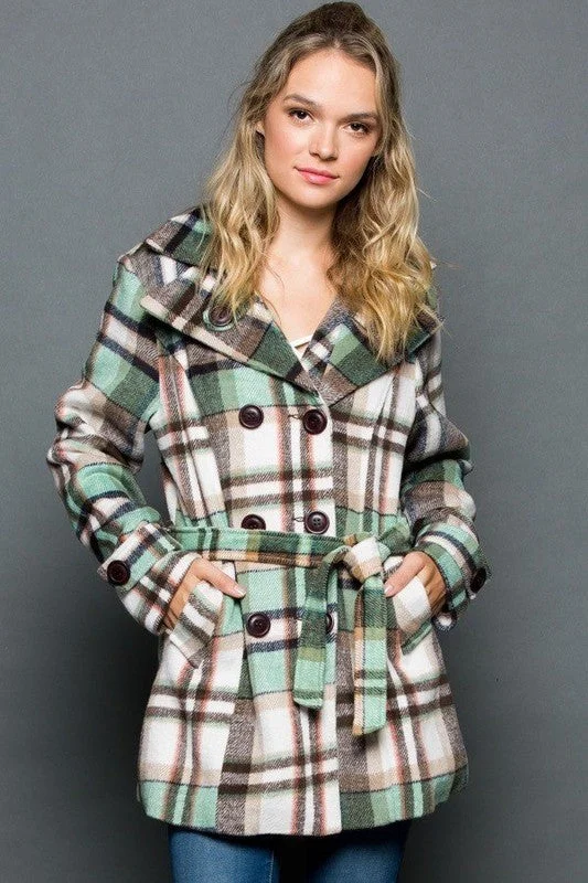 Plaid Wool Blend Coat Trim Padded Insulated