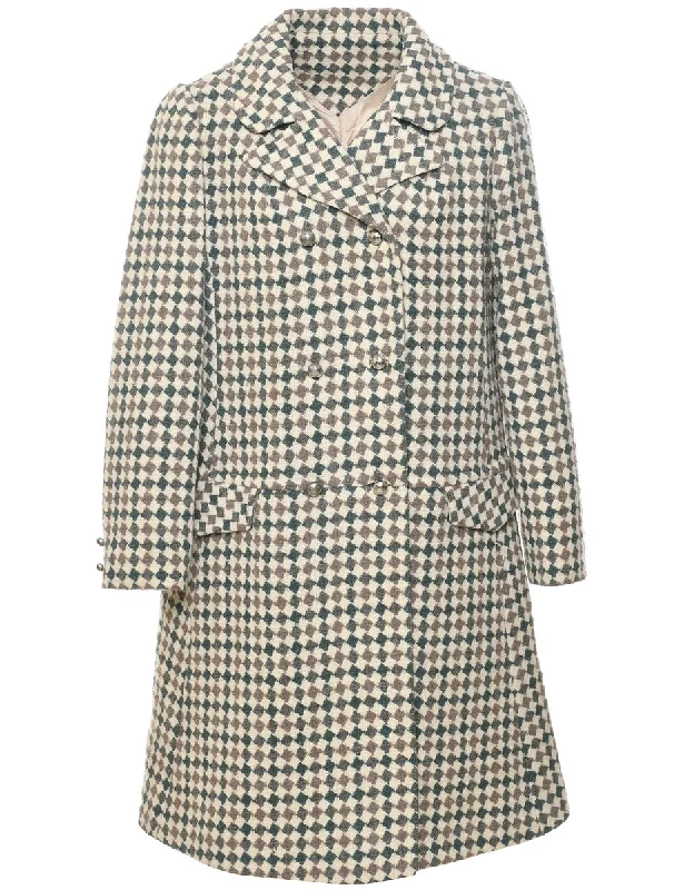 Checked Pattern Wool Coat - M Collared Crew Neck Turtle Neck