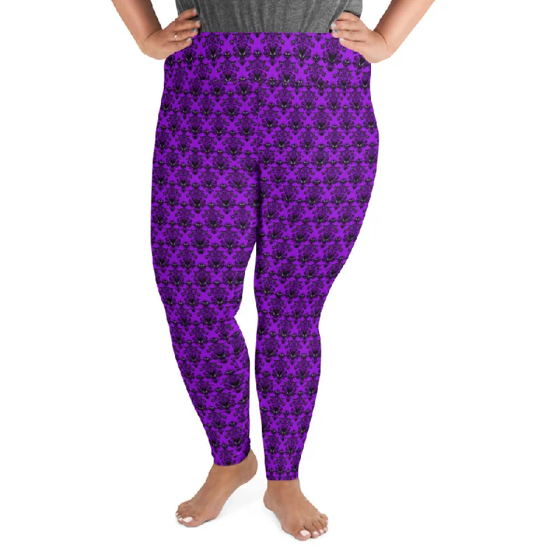 Plus Size Purple Gothic Haunted Mansion Style All-Over Print Leggings Halloween Pattern Fashionable Printed Leggings