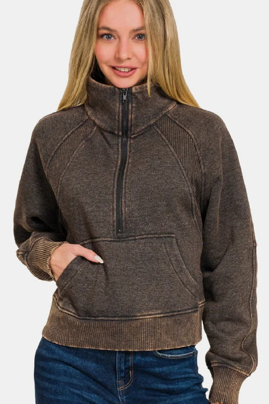 Hazel Blues® | Zenana Acid Washed Half Zip Fleece Sweatshirt Hoodie with Cropped Fit Short Trendy Hazel Blues® | Zenana Acid Washed Half Zip Fleece Sweatshirt Hoodie with Cropped Fit Short Trendy