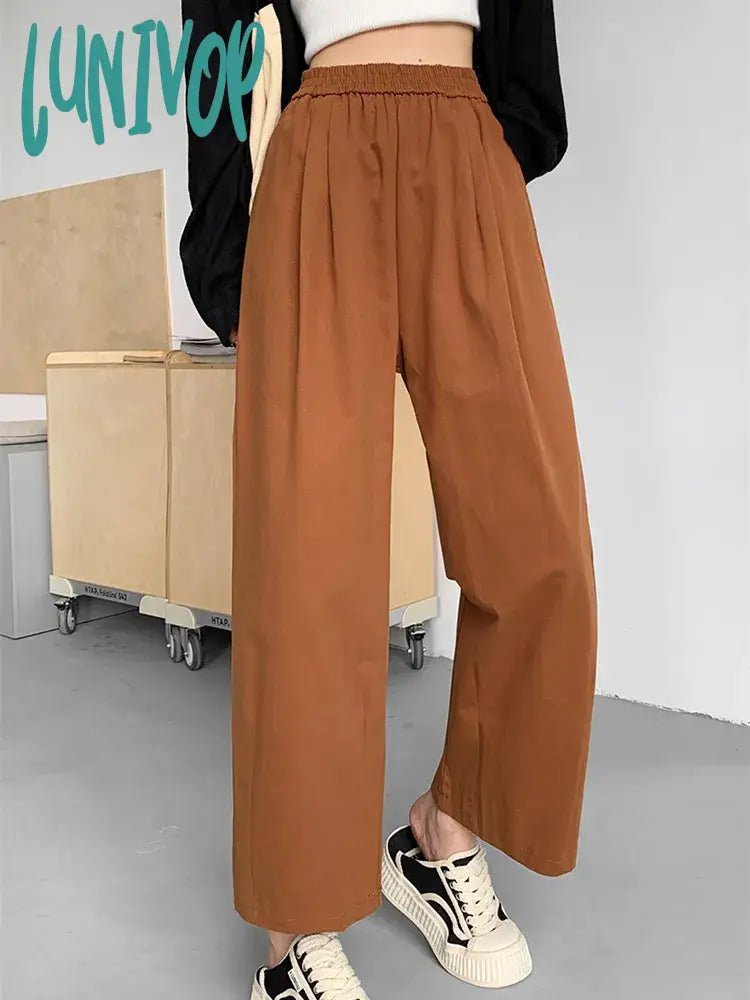 Lunivop Women's Elastic Waist Solid Color Straight Ankle-length Pants Spring Autumn New Chic Female High Waist Wide Leg Capris Trousers Trousers Modern Contemporary