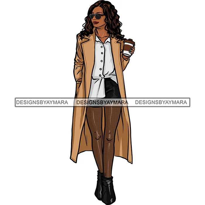 Black Woman Walking With Long Coat  Cup Of Coffee Long Hair JPG PNG  Clipart Cricut Silhouette Cut Cutting Peter Pan Collar Cowl Neck Turtleneck