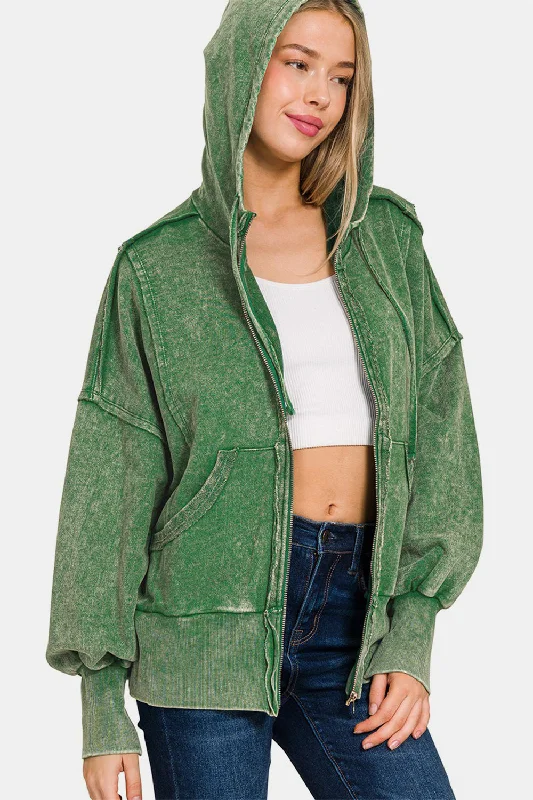 Hazel Blues® | Zenana Acid Washed French Terry Zip-Up Hoodie with Pockets Oversized Hoodie Comfort Casual Hazel Blues® | Zenana Acid Washed French Terry Zip-Up Hoodie with Pockets Oversized Hoodie Comfort Casual