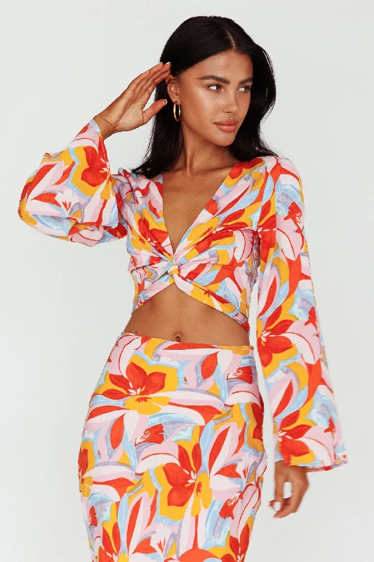 Avalo Bell Sleeve Crop Top Floral Pink Zippered Front Buttoned Front Snap Front