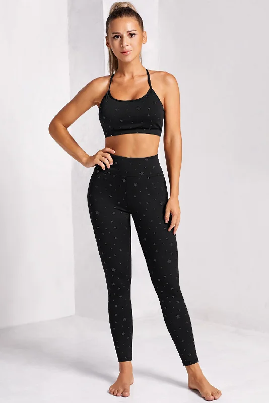 Star Print Sports Bra and Leggings Set Fashionable Ribbed Knit Leggings
