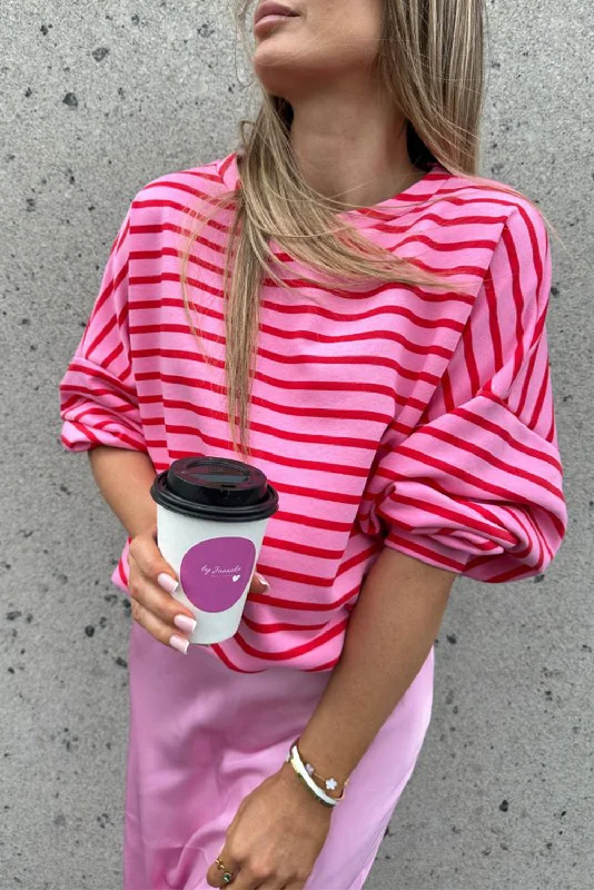 Hazel Blues® | Striped Round Neck Long Sleeve Sweatshirt Hoodie with Illustration Artistic Creative Hazel Blues® | Striped Round Neck Long Sleeve Sweatshirt Hoodie with Illustration Artistic Creative