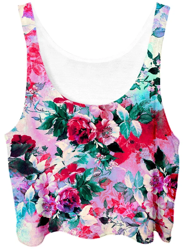 Pink Floral Crop Top Collared Crew Neck Turtle Neck