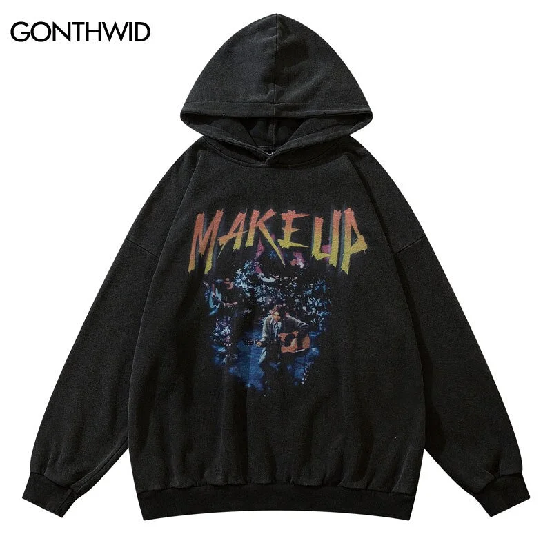 Hip Hop Hoodie Sweatshirt Streetwear Vintage Graphic Letter Print Distressed Hooded Hoodies 2023 Retro Casual Sweatshirt Black Hoodie with Rhinestones Sparkly Elegant