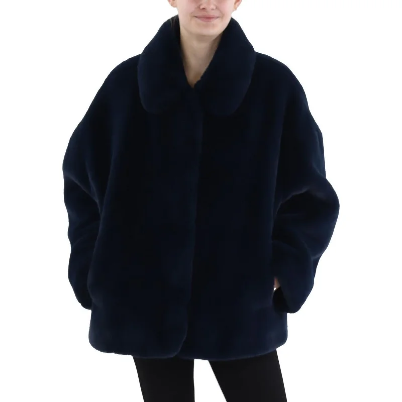 Ted Baker Womens Faux Fur Long Faux Fur Coat Hook-and-Loop Buckled Tied
