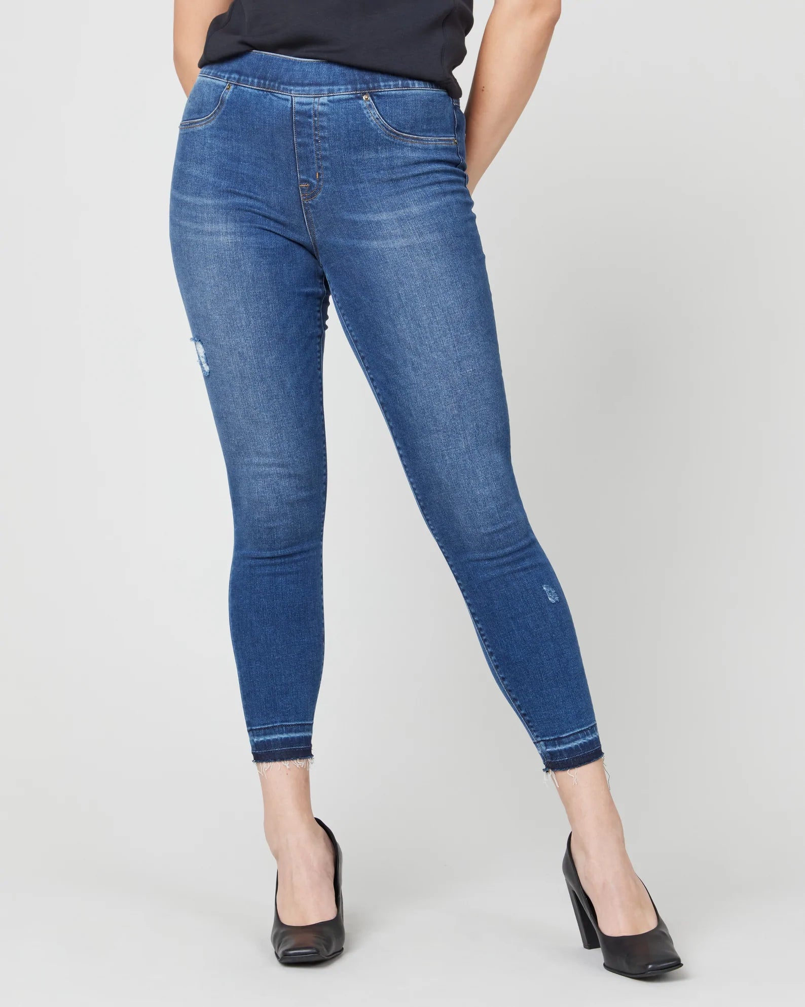 Spanx Medium Wash Denim Legging Trendy Black Mesh Leggings
