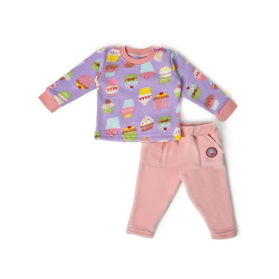 Baby Girls Ice Cream Print Sweatshirt & Pyjama Set Hoodie with Hem Embroidery Detailed Premium Baby Girls Ice Cream Print Sweatshirt & Pyjama Set Hoodie with Hem Embroidery Detailed Premium