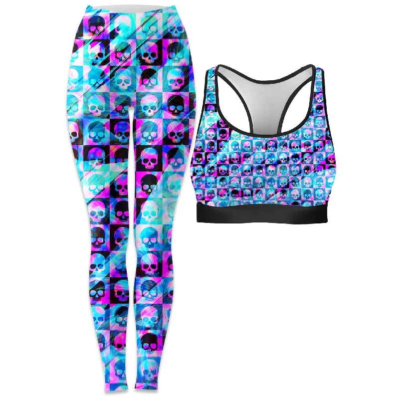 Skull Fam Blue Rave Bra and Leggings Combo Comfortable Capri-Length Leggings