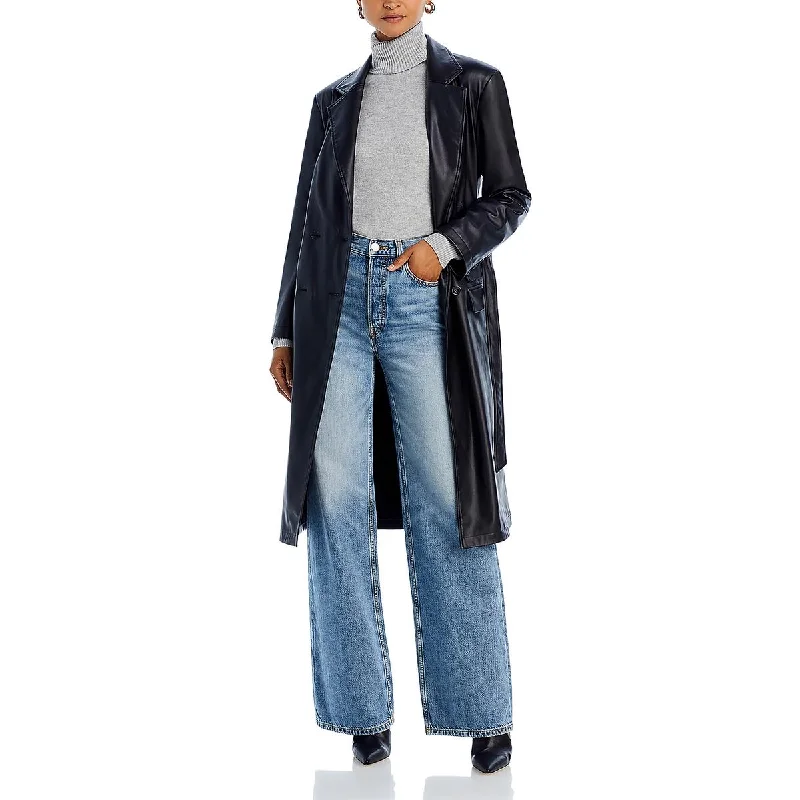 EmRata x AG Womens Valentina Vegan Leather Belted Trench Coat Trim Padded Insulated