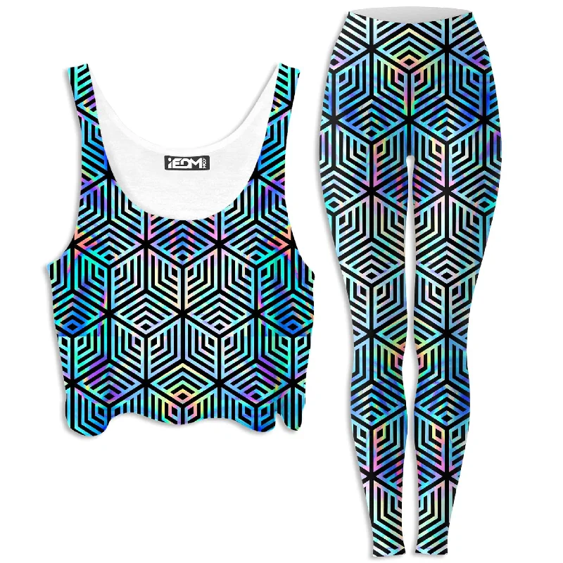 Holographic Hexagon Crop Top and Leggings Combo Seamless Knitted Crochet