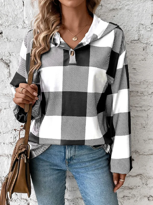 Hazel Blues® | Plaid Dropped Shoulder Long Sleeve Hoodie Hoodie with Front Slit Layering Stylish Hazel Blues® | Plaid Dropped Shoulder Long Sleeve Hoodie Hoodie with Front Slit Layering Stylish