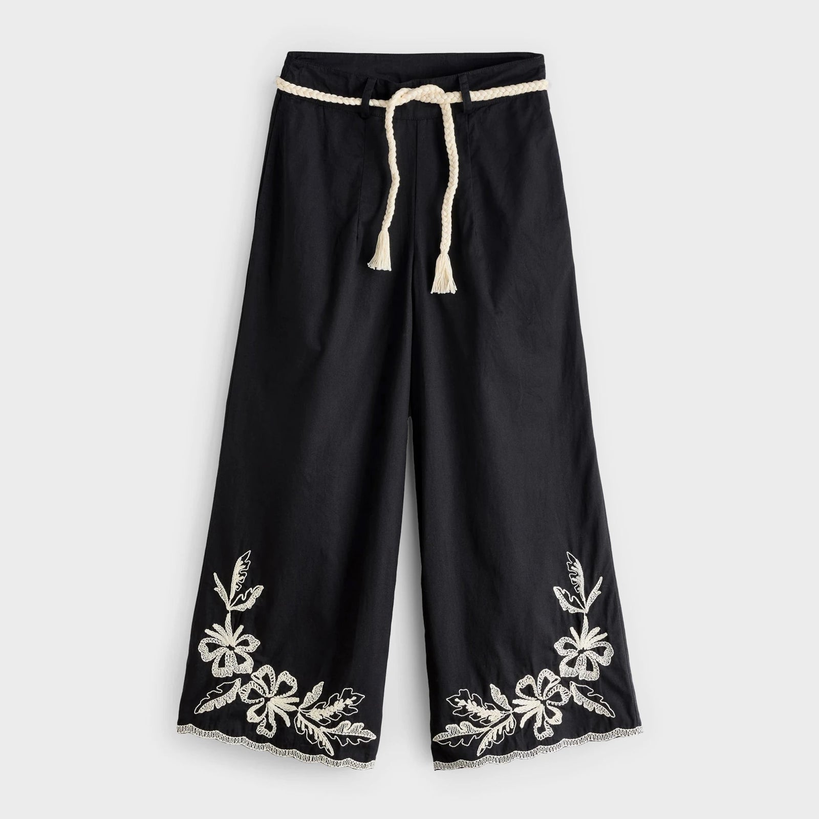 Another Sunday 3/4 Length Wide Leg Embroidered Trouser With Ecru Belt Trousers Canvas Durable