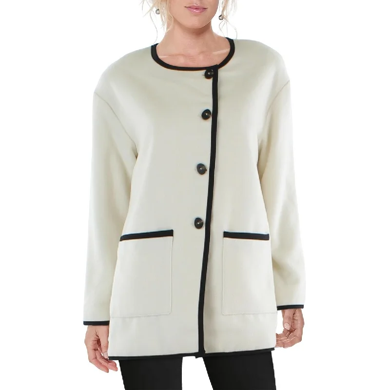 PLM Womens Contrast Trim Fleece Pea Coat Jersey Tulle Batik