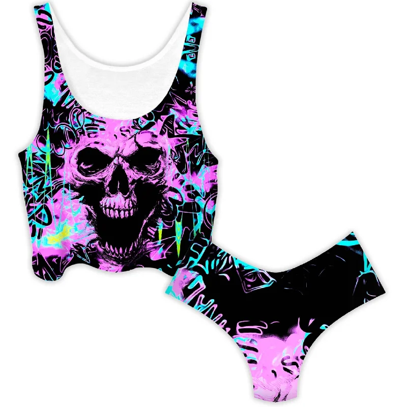 Skull Graffiti Crop Top and Booty Shorts Combo Mesh Canvas Denim