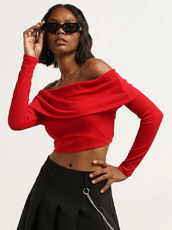 Nuon Red Ribbed Textured Off-Shoulder Cotton-Blend Crop Top Notch Collar Peter Pan Collar Cowl Neck Nuon Red Ribbed Textured Off-Shoulder Cotton-Blend Crop Top Notch Collar Peter Pan Collar Cowl Neck