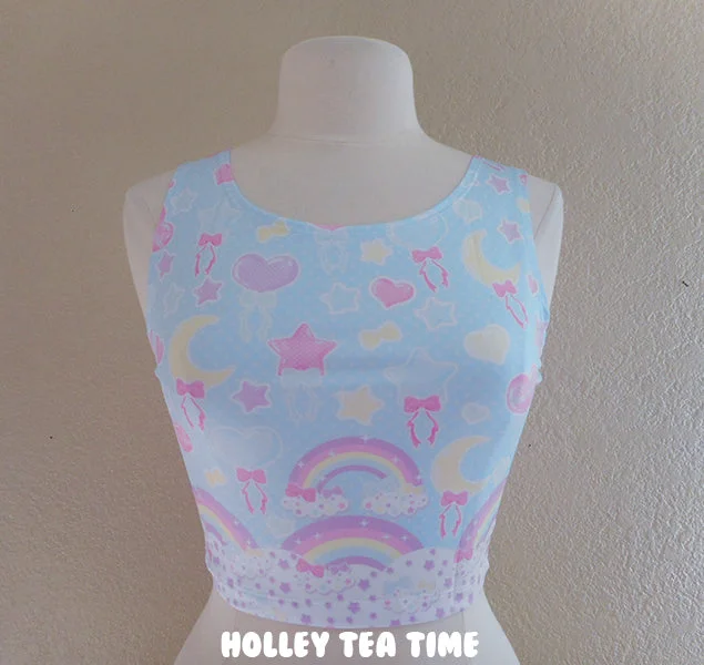 Pastel Party Blue Crop Top [Made To Order] Print Jacquard Patchwork
