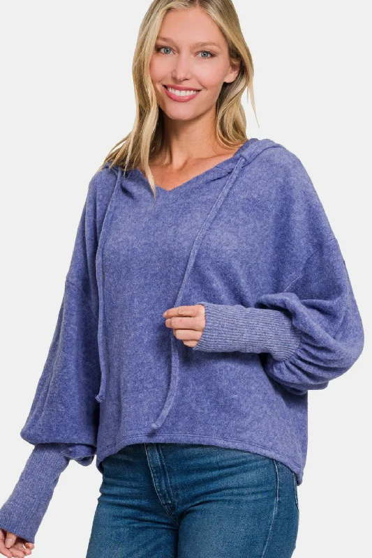 Hazel Blues® | Zenana Brushed Hacci Drop Shoulder Cropped Hoodie Hoodie with Tied Waist Feminine Flattering Hazel Blues® | Zenana Brushed Hacci Drop Shoulder Cropped Hoodie Hoodie with Tied Waist Feminine Flattering