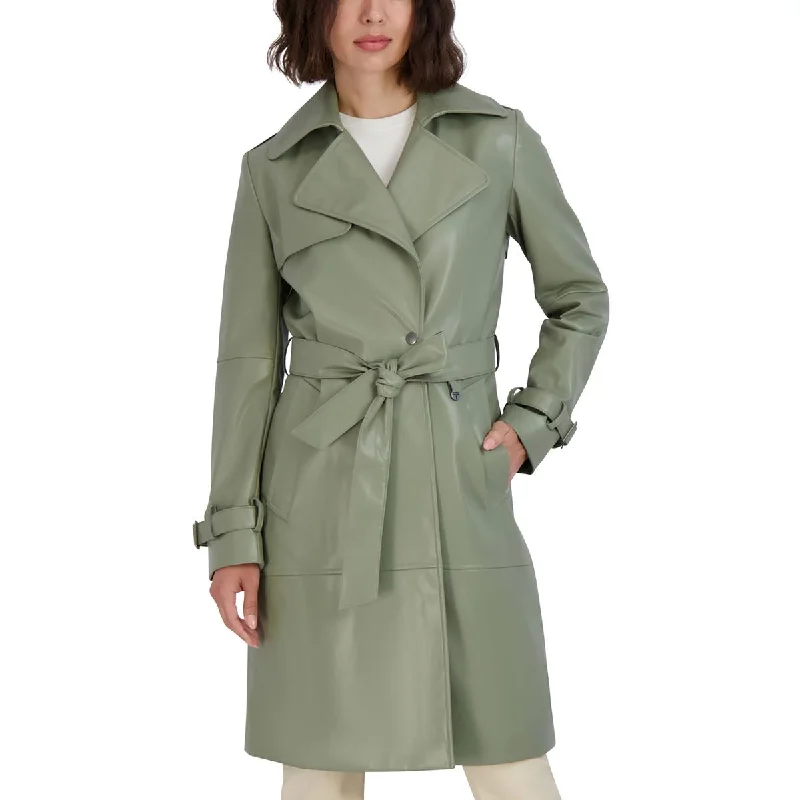 Tahari Womens Vegan Leather Belted Trench Coat Collared Crew Neck Turtle Neck