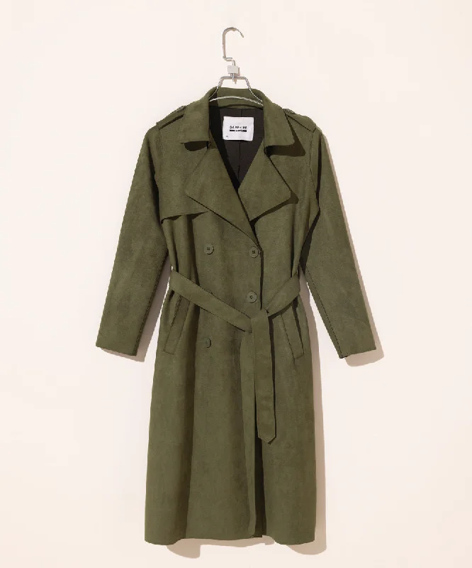 Suede Trench Coat with Belt Pleated Ruffled tiered