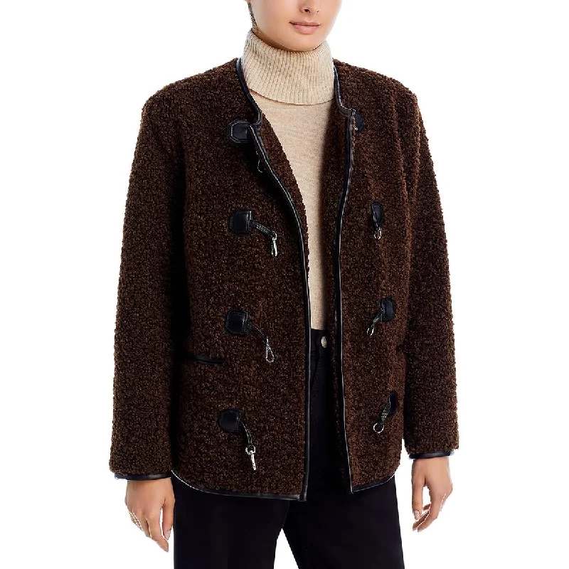 Avec Les Filles Womens Oversized  Faux Fur Coat Tweed Herringbone Houndstooth