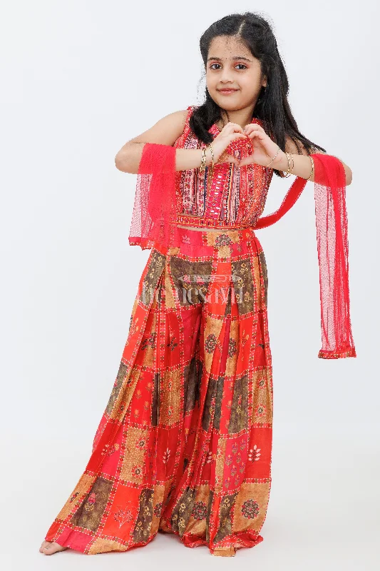 Girls Red Palazzo Set with Patchwork Crop Top and Embroidered Dupatta Spandex Blend Rayon Blend Denim Blend Girls Red Palazzo Set with Patchwork Crop Top and Embroidered Dupatta Spandex Blend Rayon Blend Denim Blend