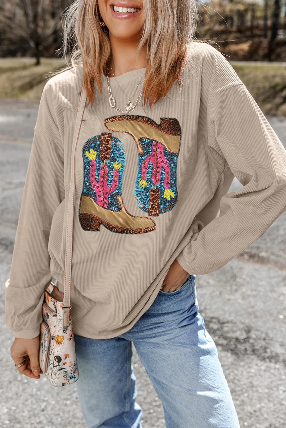 Hazel Blues® | Sequin Boots Round Neck Long Sleeve Sweatshirt Hoodie with Magnetic Closure Innovative Modern Hazel Blues® | Sequin Boots Round Neck Long Sleeve Sweatshirt Hoodie with Magnetic Closure Innovative Modern