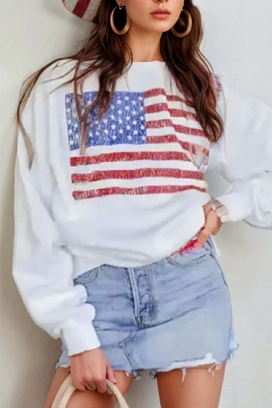 Hazel Blues® |  US Flag Round Neck Long Sleeve Sweatshirt Hoodie with Patch Decorative Personalized