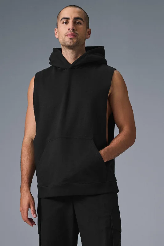 Renown Sleeveless Hoodie - Black Hoodie with Half-Zip Sporty Casual