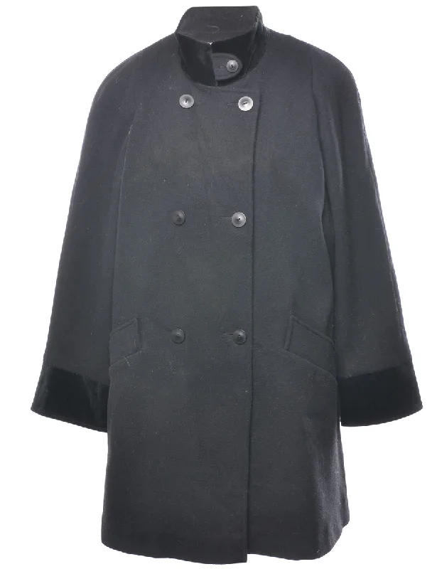 Black Double Breasted Wool Coat - L Cotton Linen Terry
