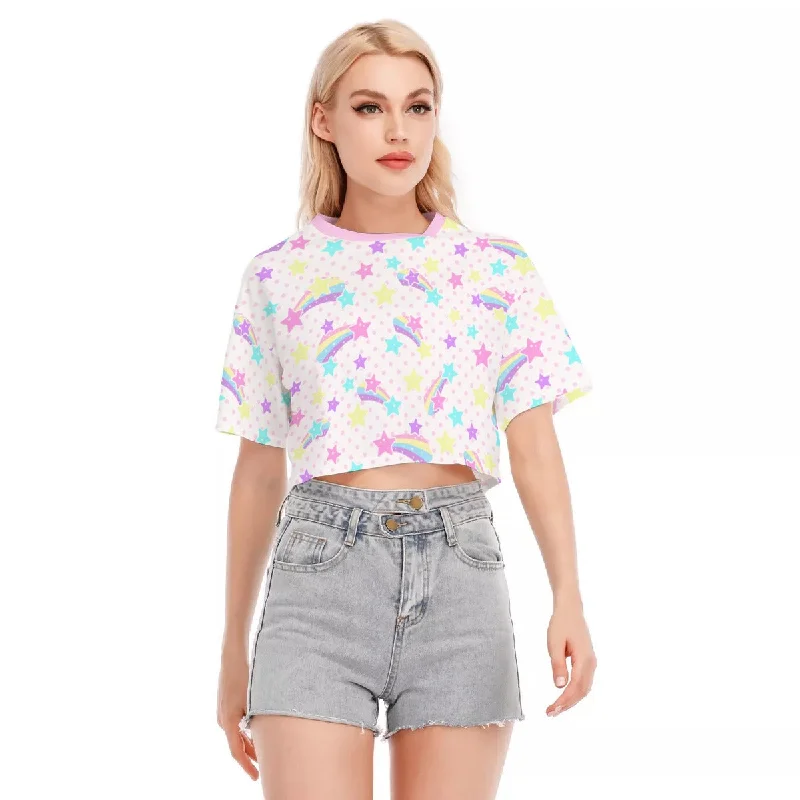 Starry Party White Cotton Crop Top Mesh Fabric Canvas Fabric Denim Fabric