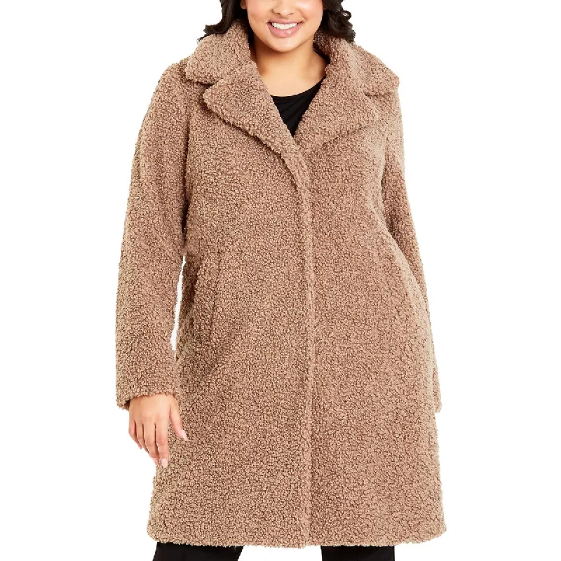 Evans Womens Plus Faux Fur Midi Teddy Coat Collared Crew Neck Turtle Neck