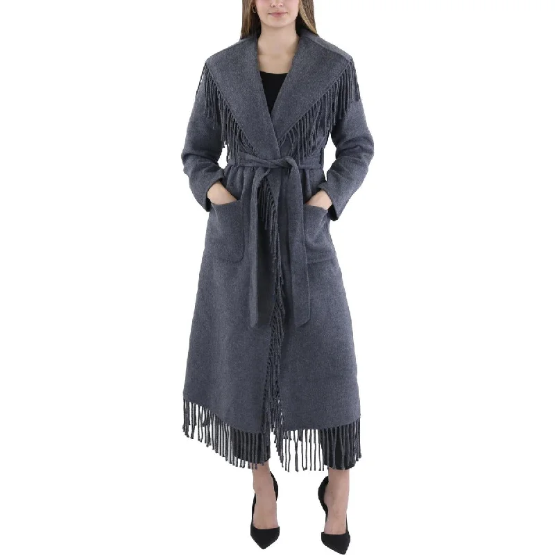 Jonathan Simkhai Womens Wool Blend Fringe Wrap Coat Square Neck One-Shoulder Off-the-Shoulder Jonathan Simkhai Womens Wool Blend Fringe Wrap Coat Square Neck One-Shoulder Off-the-Shoulder