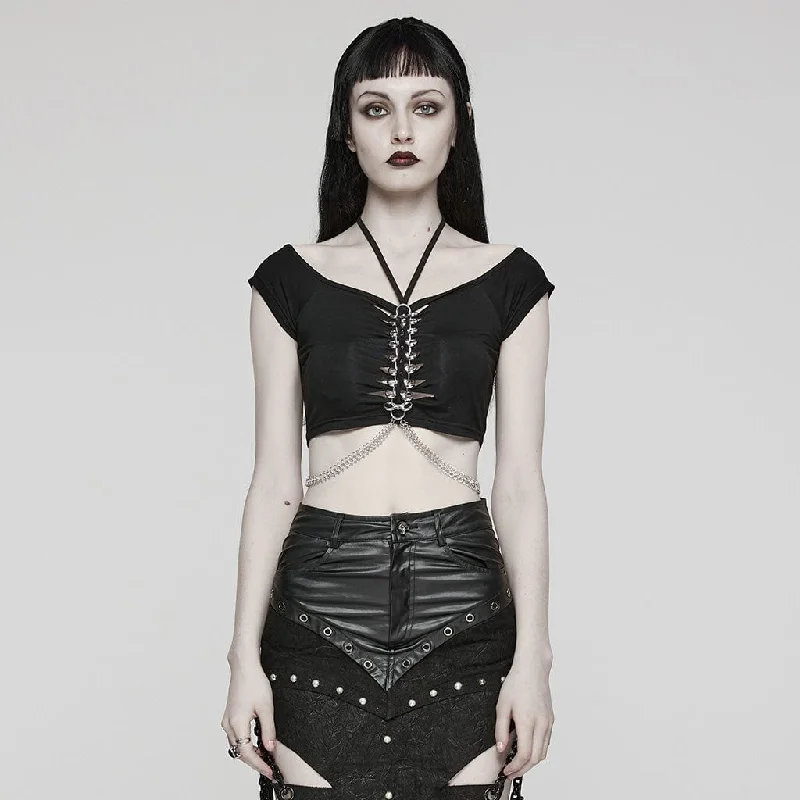Women's Punk Cutout Ring Chain Short Sleeved Crop Top Terry Blend Velvet Blend Canvas Blend