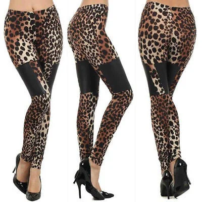 Leggings Leopard Faux Leather Panel High Waist Print Womens Comfortable Lounge Leggings Leggings Leopard Faux Leather Panel High Waist Print Womens Comfortable Lounge Leggings