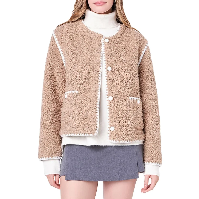 English Factory Womens Contrast Trim Faux Shearling Faux Fur Coat Bomber Denim Leather