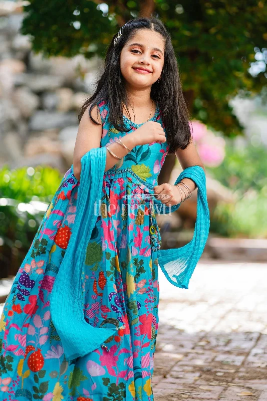 Girls Blue Floral Lehenga Choli Set with Crop Top and Pleated Skirt Ribbed Striped Patterned
