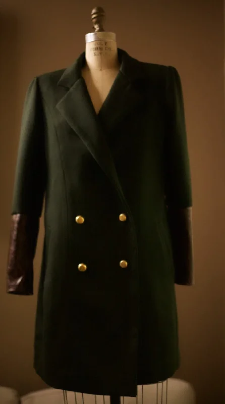 Double Breasted Dark Green Wool Coat Bomber Denim Leather