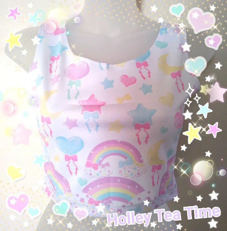 Pastel Party White Crop Top [Made To Order] Striped Floral Plaid