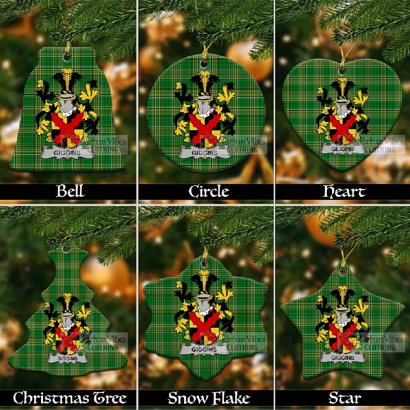 Giggins Irish Clan Tartan Christmas Ceramic Ornament with Coat of Arms Print Jacquard Embroidered Giggins Irish Clan Tartan Christmas Ceramic Ornament with Coat of Arms Print Jacquard Embroidered