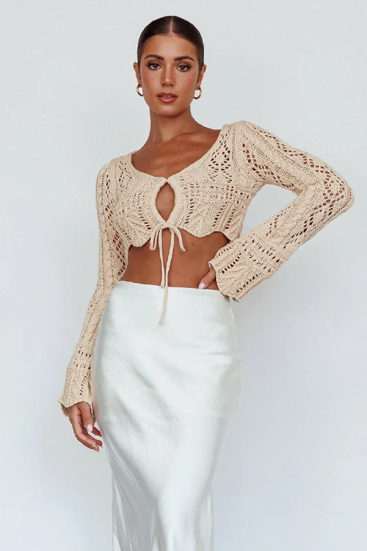 Maycie Long Sleeve Crochet Crop Top Beige Modern Contemporary Chic