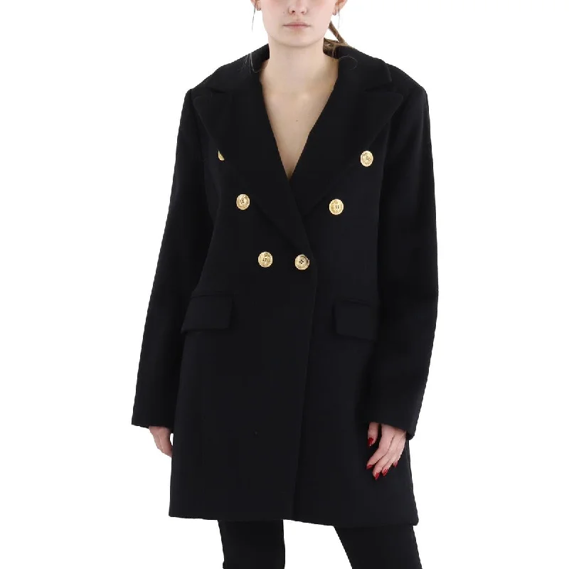 Sam Edelman Womens Wool Midi Pea Coat Sequined Lace Ribbed
