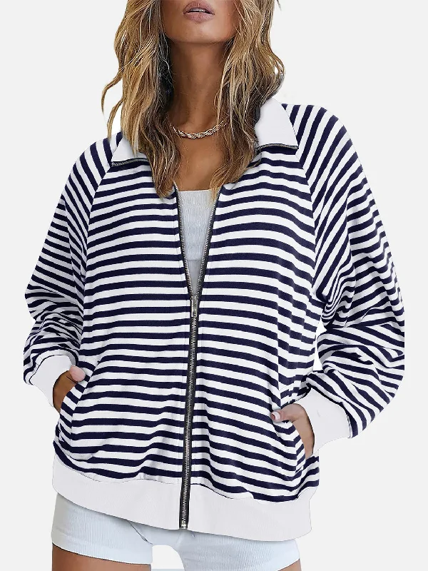 Hazel Blues® | Striped Zip Up Long Sleeve Sweatshirt Hoodie with Hem Frayed Vintage Worn Hazel Blues® | Striped Zip Up Long Sleeve Sweatshirt Hoodie with Hem Frayed Vintage Worn