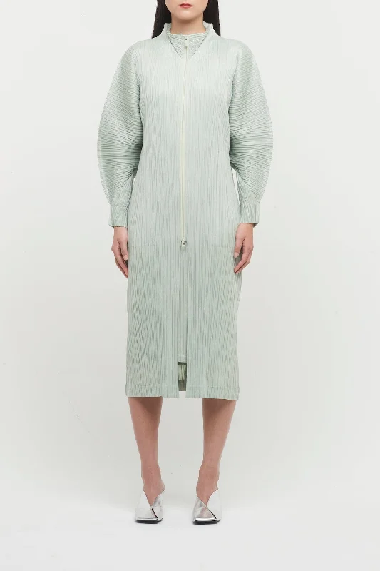 Pleats Please Issey Miyake Monthly Colors November Coat in Sage Green Asymmetrical Diagonal princess