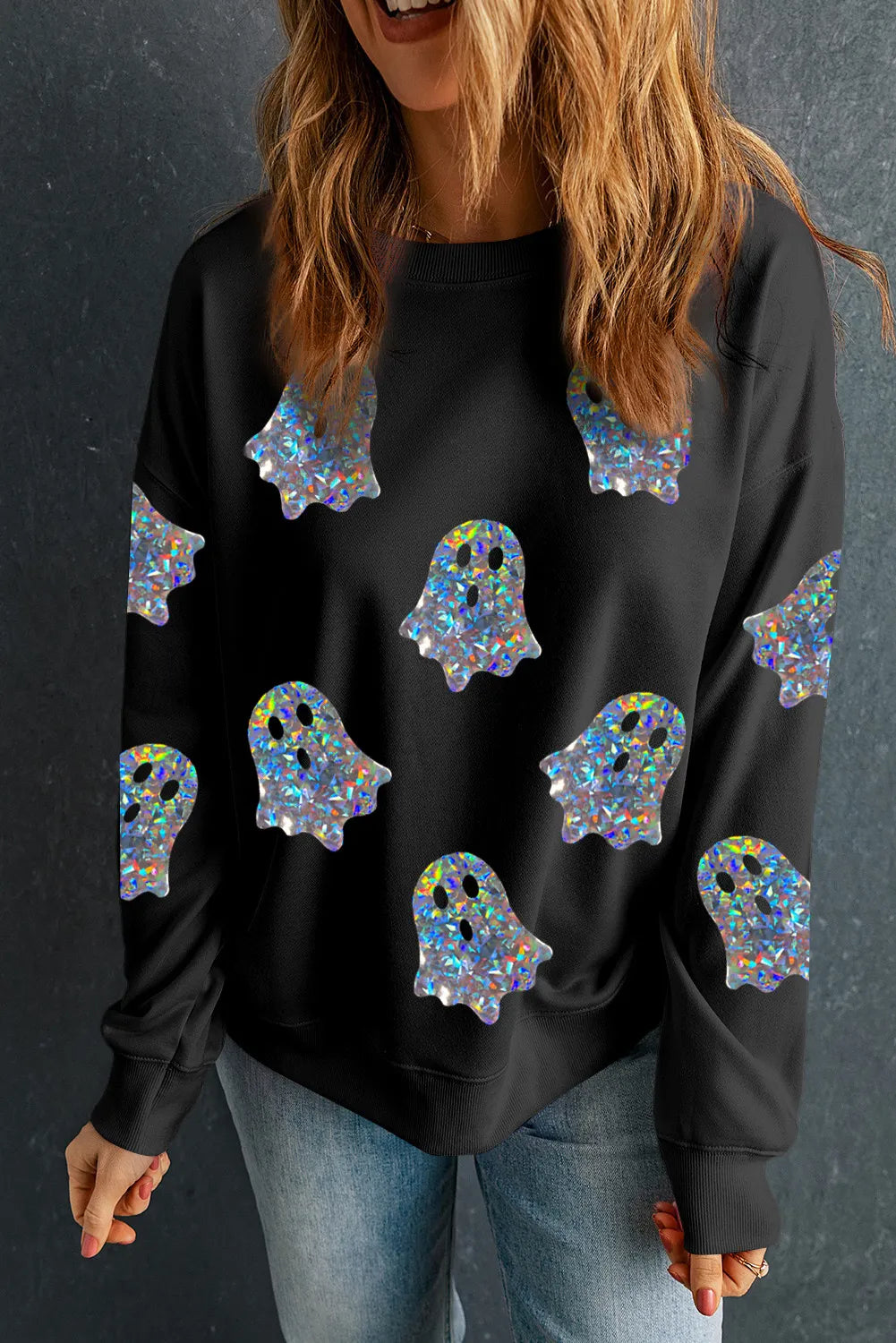 Hazel Blues® | Ghost Round Neck Long Sleeve Sweatshirt Hoodie with Pastel Soft Subtle Hazel Blues® | Ghost Round Neck Long Sleeve Sweatshirt Hoodie with Pastel Soft Subtle